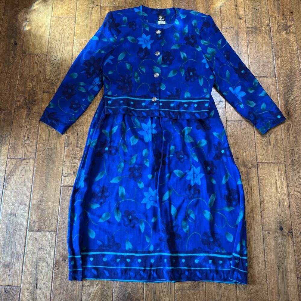 Vintage Ali Miles Womens BlueFloral Blouse Top XL & Skirt Set Sz 16 Made in USA